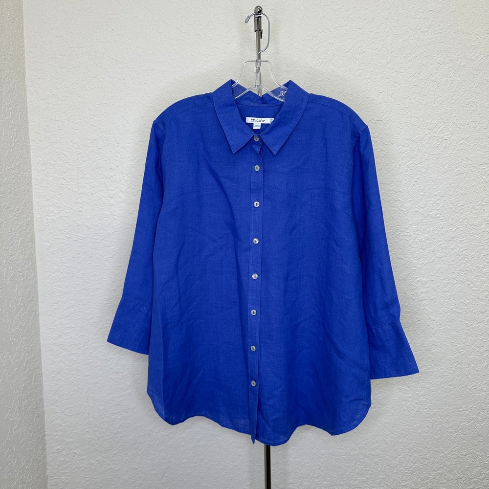 Chico's Royal Blue 100% Linen Button Down Shirt Size 2.5 US 14 Long Sleeve